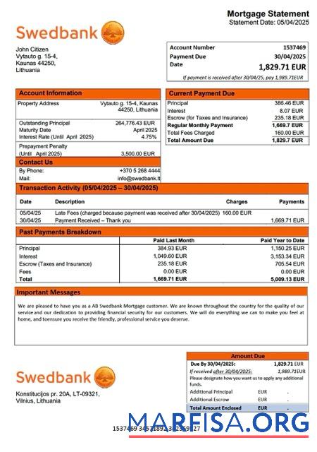 Blank Lithuania AB Swedbank mortgage statement Word and PDF template